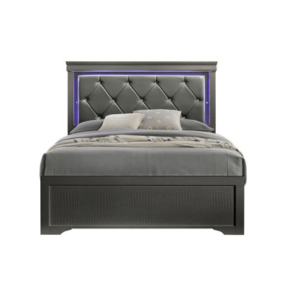 Lit simple tapissier, éclairage à DEL, design moderne, gris métallique, doux, tête de lit de chambre à coucher, style, structure en bois,