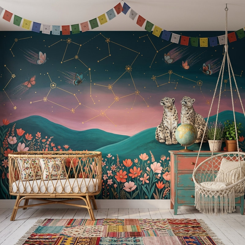Papier peint Dark Night Sky Constellations Snow Leopards, Peler et coller, 200 po x 120 po