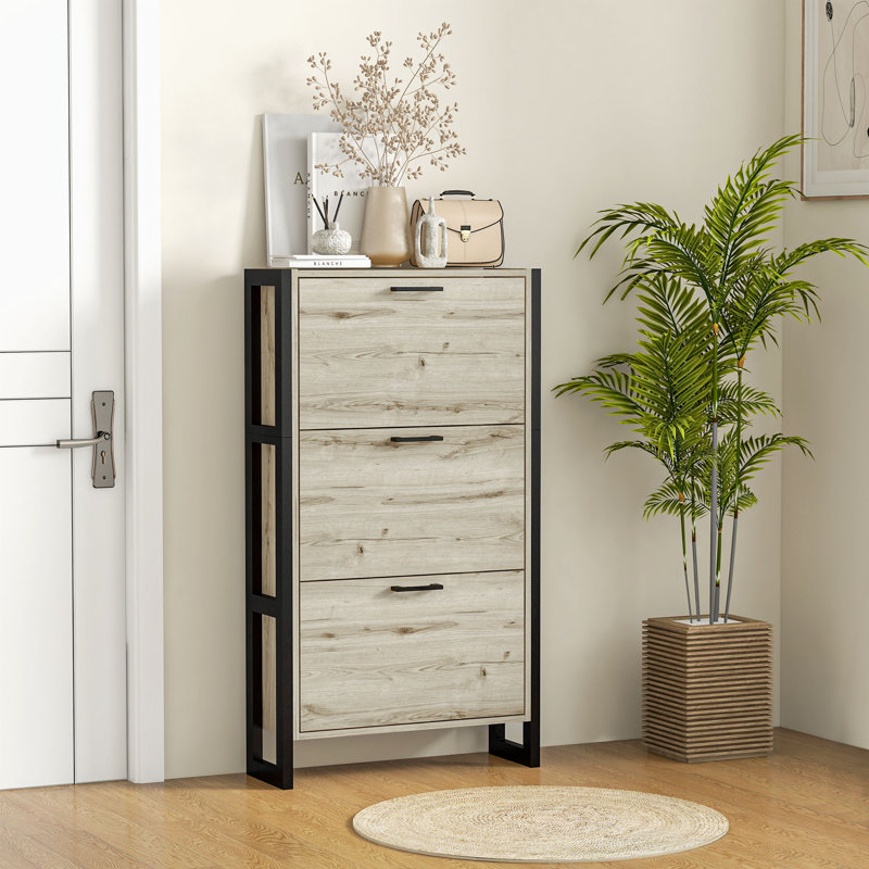 Armoire à chaussures étroite de style industriel avec 3 tiroirs rabattables et tablettes réglables pour un rangement efficace