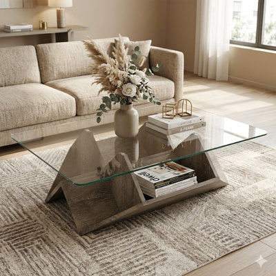 Mid-Century Modern Coffee Table with Integrated Storage-2-Tier with Tempered Glass Top