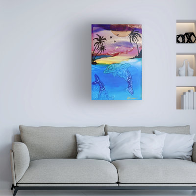 Wrapped Canvas Wall Art - Amy Tieman 'Dolphins At Sunset 2' Wall Art for Living Room, Bedroom, or Office Décor  - 30x47