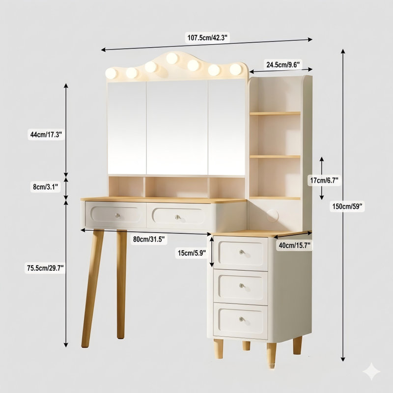 Vanity Desk With Mirror And Lights. This Makeup Vanity Includes A 2-Port USB Power Strip. The Vanity Set Consists Of Two Drawers And A Three-Drawer Chest, Offers Three Lighting Modes With Adjustable Brightness, And Has A Foldable Three-Sided Mirror, In W