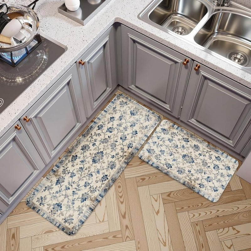 Ensemble de 2 tapis de cuisine à motif floral bleu beige et bleu pour la cuisine et le salon