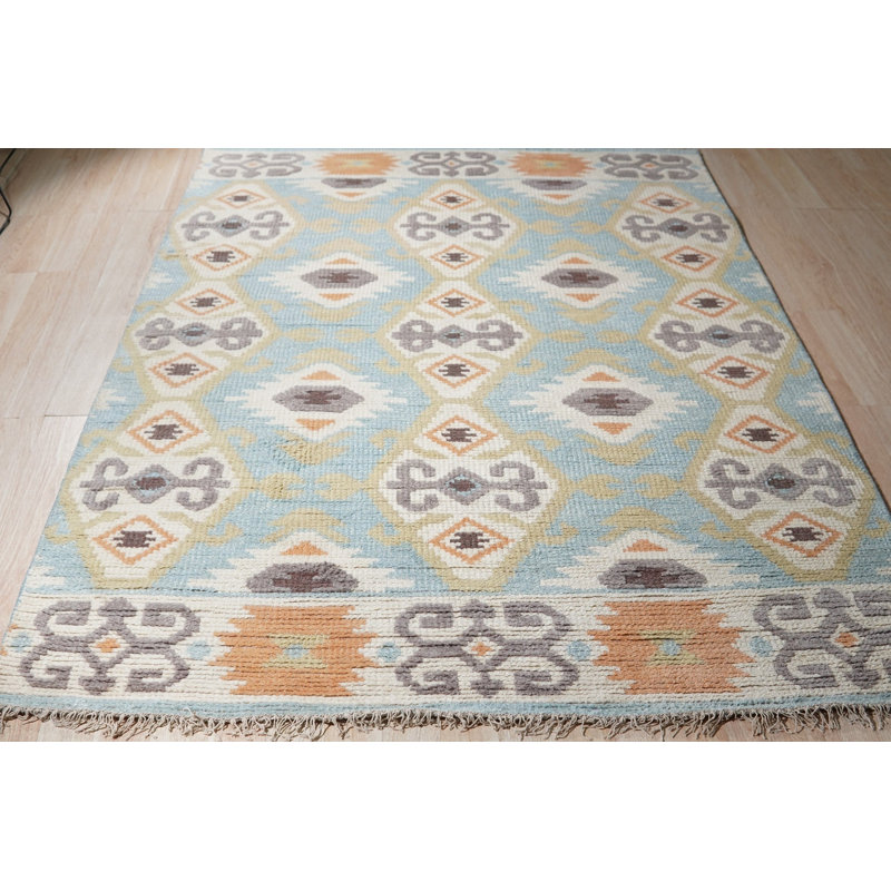 Blue Hand-Knotted Wool Diamond Medallions Geometric Modern Contemporary Carpet Rug, 6' x 9'