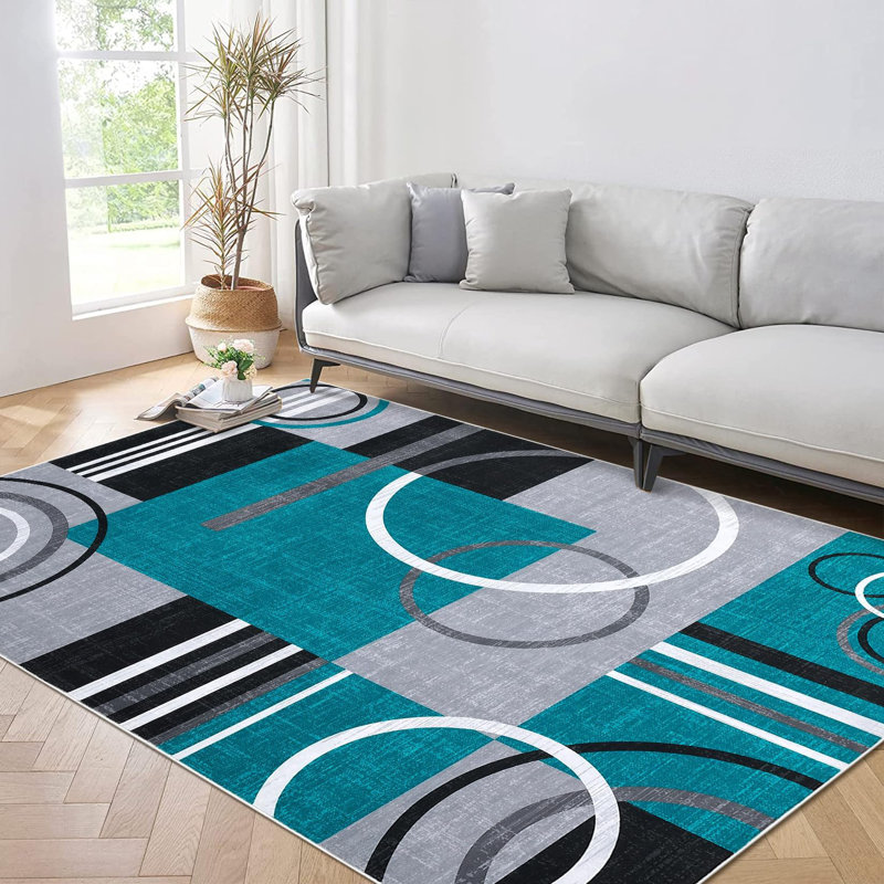 Geometric Machine Printed Area Rug, Teal, Rectangle 80 x 150 cm