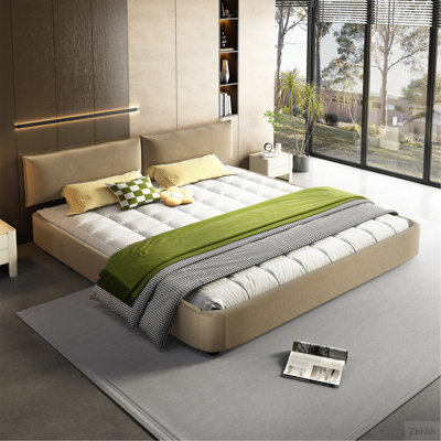 King Size Cloud Bed Frame with Oversized Padded Movable Headboard, Chenille Upholstered Bed with Round Corner,Metal + Solid Wooden Slat Double Support,No Box Spring Needed,Camel