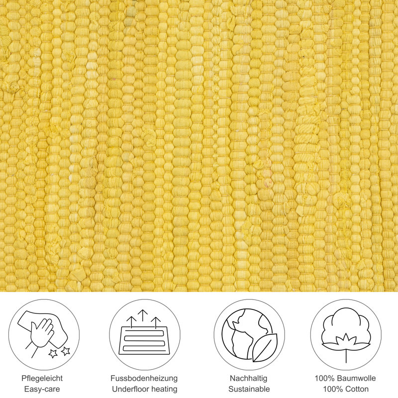 Handmade Happy cotton rug in yellow, Rectangle 160 x 230cm