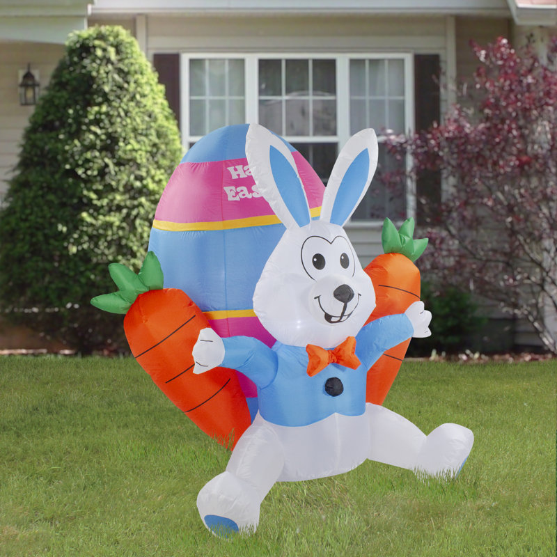 4' White and Blue Inflatable LED Easter Bunny with Carrots