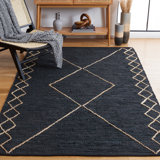 Anainah Vintage Leather Hand Woven Leather/Jute/Cotton Geometric Rug in Black/Natural
