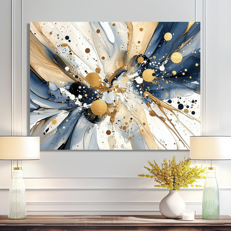 «Explosion of Abstract Gold Blue Marble Chaos I», impression sur métal moderne, impression sur métal, H 24 po x l 32 po