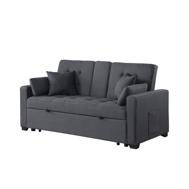 Oli Convertible Sleeper Loveseat, USB Ports, 4 Throw Pillows, Gray Linen, Dark Gray Linen Blend