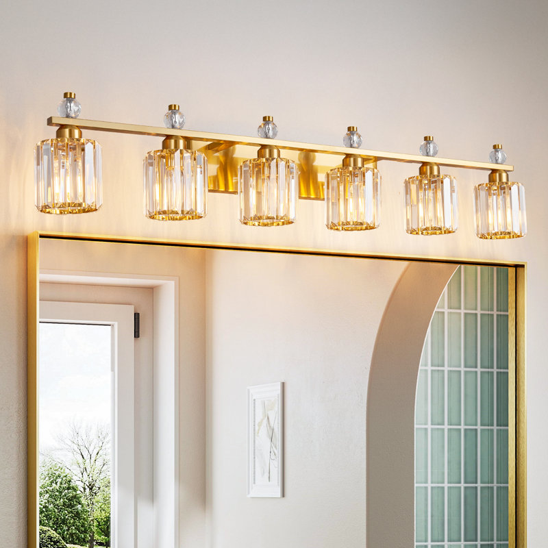 Lampe de meuble-lavabo moderne en cristal avec abat-jour cylindrique, Doré, Six lumières