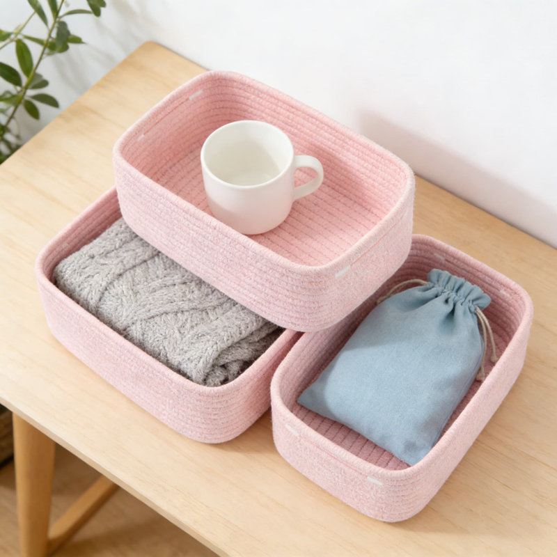 Small Woven Storage Basket Set Of 3, Handwoven Natural Cotton Rope Organizer Bins With Handles For Shelves, Closet, Nursery, And Home Decor