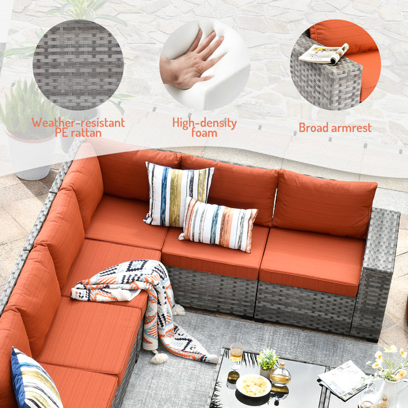 Baili 9 - Person Modular Patio Conversation Sets with Cushions, Orange Red