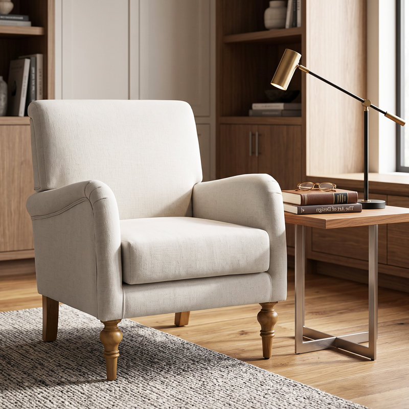 Fauteuil rembourré en polyester de 72 cm de large avec pieds en bois massif, Beige