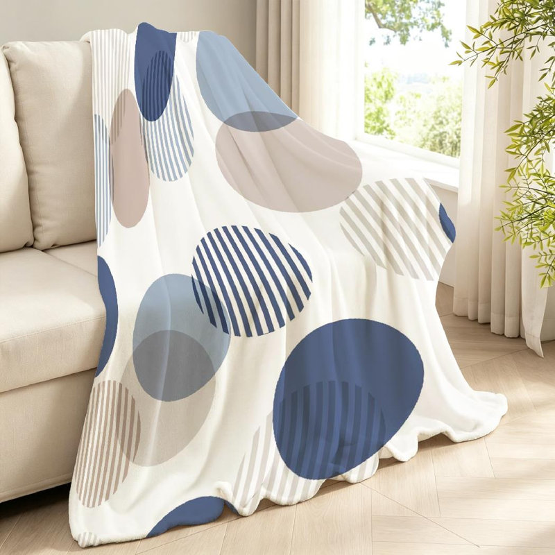 Jeté en molleton blanc ultra doux en flanelle, imprimé à pois bleu rétro, Throw 40" x 50"