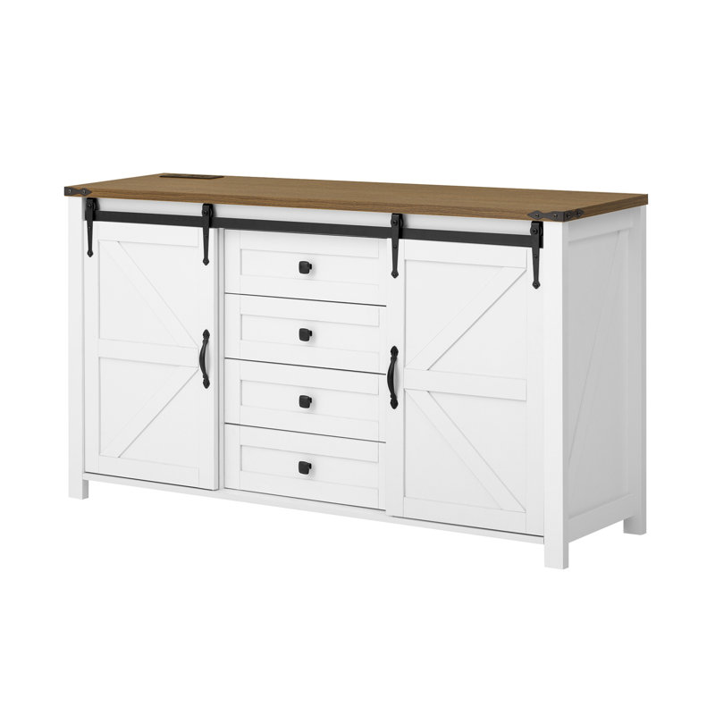 Buffet avec rangement, armoire de rangement de ferme avec portes de grange coulissantes et 4 tiroirs, table de buffet en bois avec prise de courant