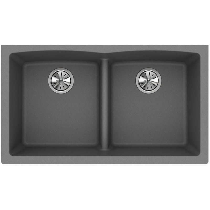 Quartz Classic 33" x 19" x 10" Double Basin Undermount Kitchen Sink with Aqua Divide, Greystone