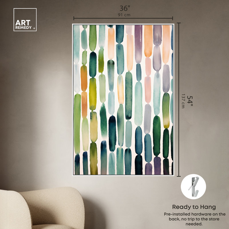 «Greenery Raindrops», art mural abstrait vert par Art Remedy, Cadre blanc, H 55 po x l 37 po