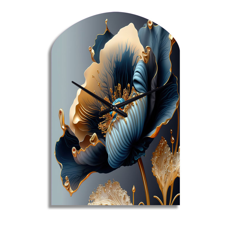 Horloge murale arquée traditionnelle en forme de fleur en métal bleu foncé et doré III, Moyenne
