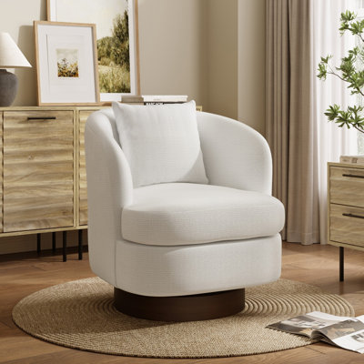 Upholstered White Woven Texture Swivel Accent Chair with Dark Brown Base and Pillow by Ivy Bronx