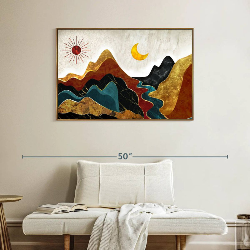 Paysage de montagne texturé abstrait, Cadre flottant doré, 40 po x 27 po