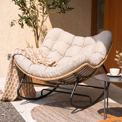 Biyanca Modern Oversized Wicker Rocking Chair, 39" Outdoor Indoor Cushioned Patio Chair, Powder-Coated Steel Frame by Bay Isle Home