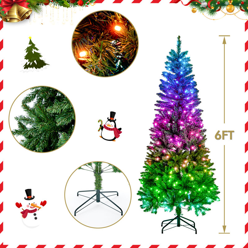 Sapin de Noël artificiel mince en PVC préilluminé de 2,3 m. Sapin de Noël intelligent aux couleurs RVB changeantes., 7,5 pi