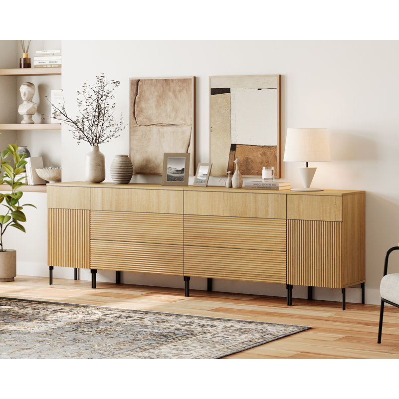 94.5" Reeded Accent Cabinet Set With Doors And Drawers, Modern Credenza Storage Cabinet With Charging Station For Living Room, Kitchen, Dining Room, Hallway