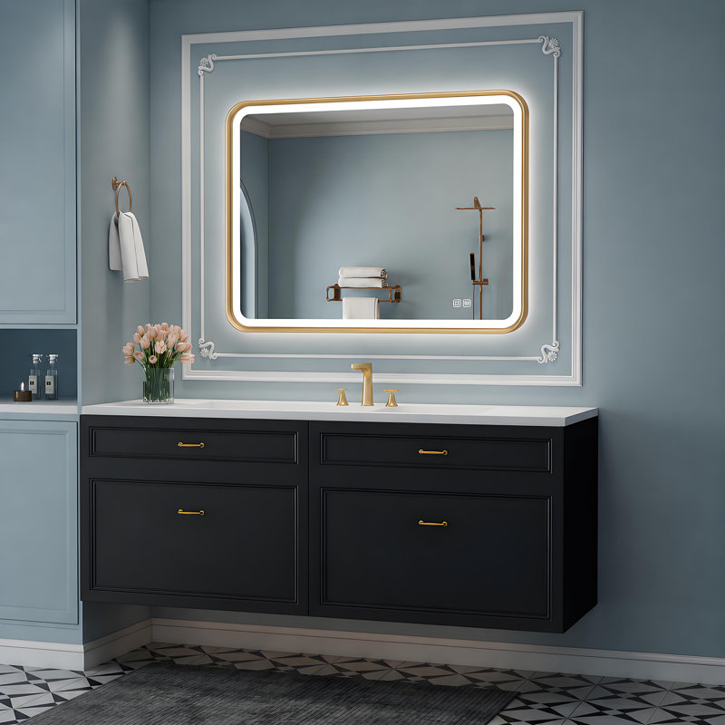 Harcrest Lighted Metal Framed Wall Mounted Bathroom in Gold, 60cm H x 80cm W