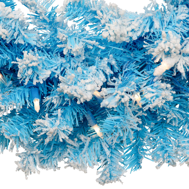Pre-Lit Flocked Pine Artificial Christmas Wreath - 24" - Clear Lights, Sky Blue