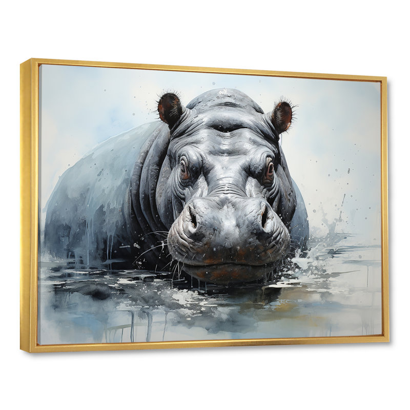 Minimalisme gris hippopotame sur toile, H 30 po x l 40 po x P 1,5 po, Cadre flottant doré