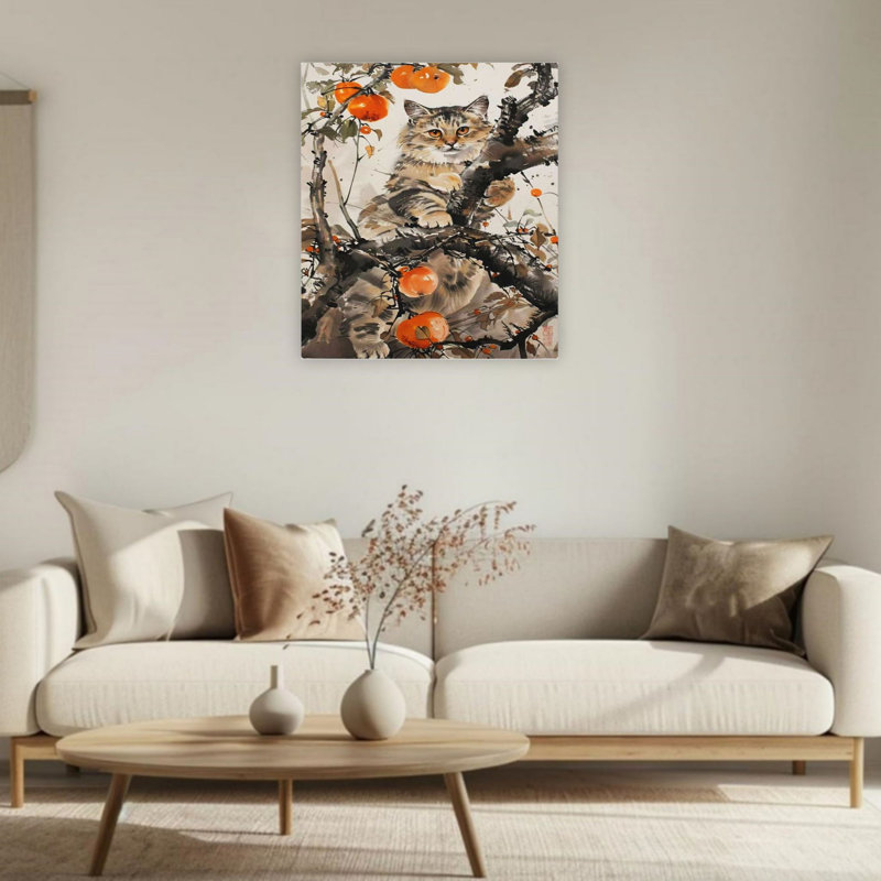 «Cat & Calming Zen Persimmon», art mural sur toile sans cadre 24 po x 36 po