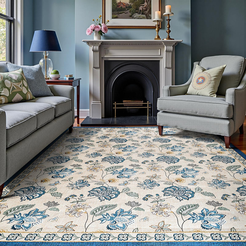 Chinoiserie Floral Rug Vintage Romance Design Washable Non-slip Blue/Beige, Rectangle 8' x 10', Blue/Beige