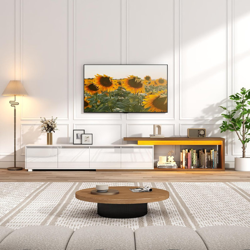 75"-110" Extendable TV Stand With LED Light With 2 Drawers And 2 Cabinets, White/Walnut