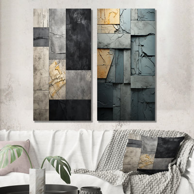 Grey And Black Urban Cubist Stones I - Abstract Cubism Canvas Wall Art Set Of 2