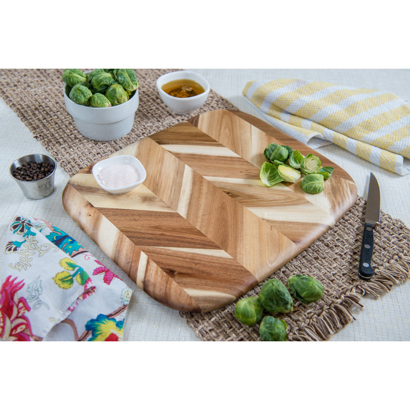 Acacia Herringbone Rounded Edge Cutting/Serve Board With Inset Handles, Small