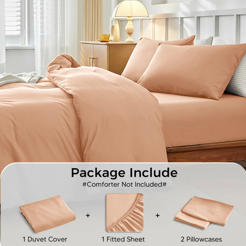 Microfiber 250 TC Reversible 4 piece Plain Duvet Cover Set with Pillowcases, Single Duvet Cover + 3 Additional Pieces, Peach