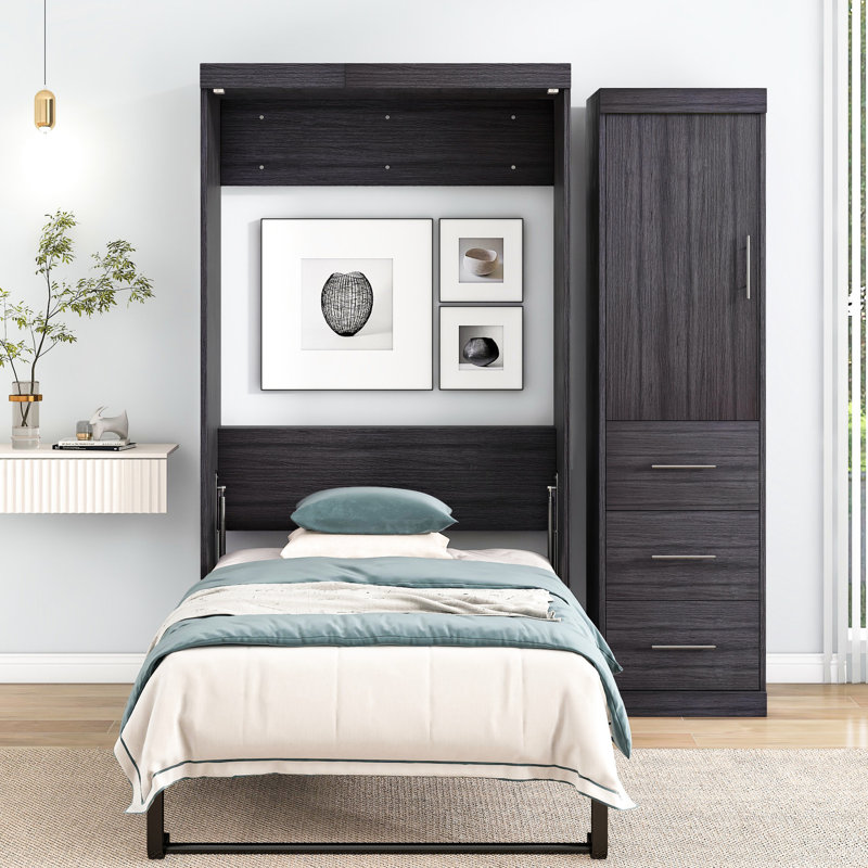 Lit simple avec armoire pliable grise, garde-robe et 3 grands tiroirs de rangement, Lit simple