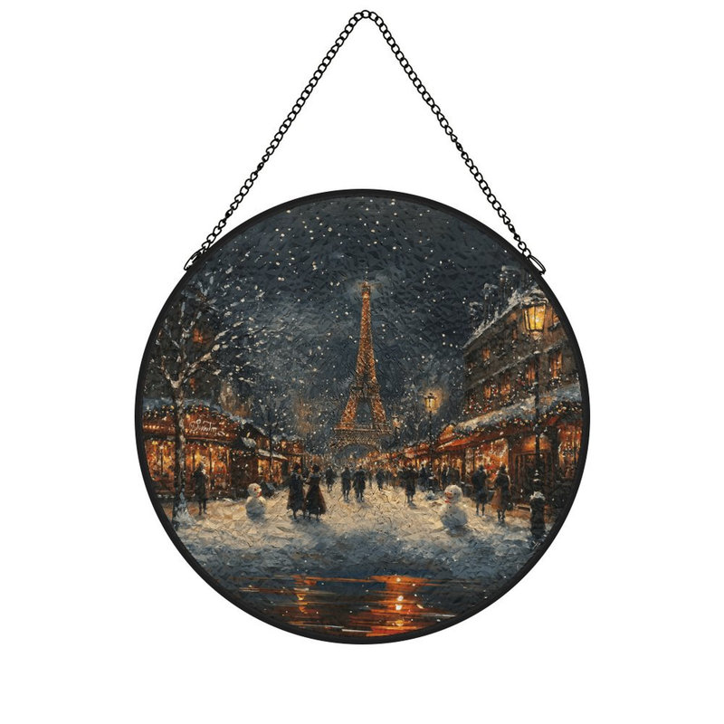 Snowy Paris, tour Eiffel, scène, vitrail, panneaux, vitrail pour décor de fenêtre, 3,5 x 3,5 po (9 x 9 cm)