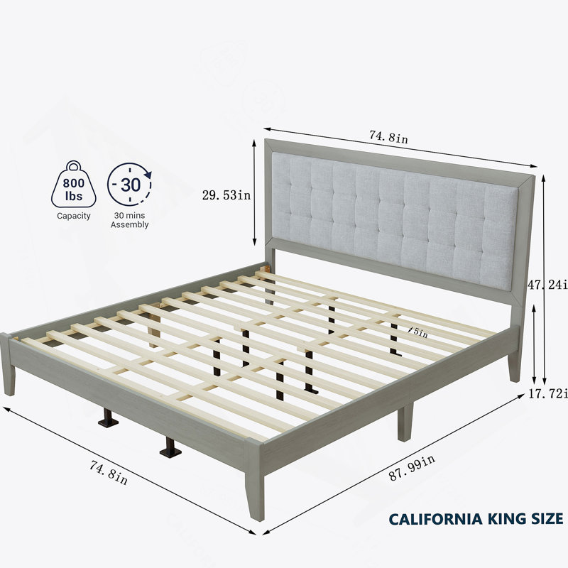 Très grand lit tapissier à plateforme en bois massif pour une chambre à coucher confortable, durable et élégante