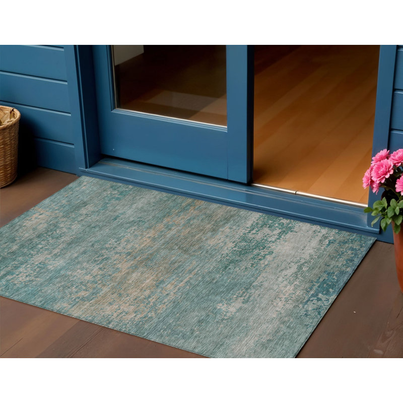 3' X 5' Aqua And Beige Abstract Washable Indoor Outdoor Area Rug