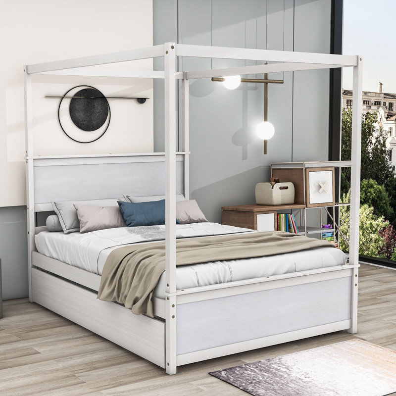 Heneretta Full Size Wood Canopy Bed with Drawers and Twin Size Trundle, Brushed White