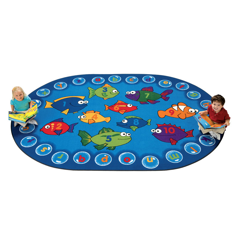 Fishing for Literacy Tufted Counting Preschool Alphabet Blue/Green Area Rug, Oval 3'10" x 5'5"