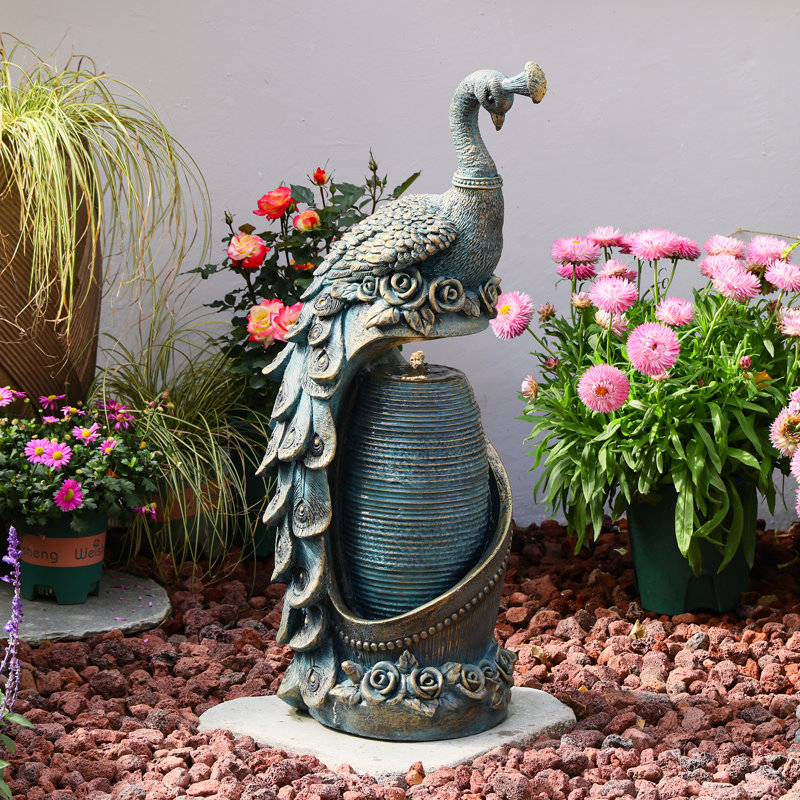 Peacock Sculpture Water Fountain with LED Lights, 31.5" Tall Freestanding Resin Cascading Water Feature for Indoor Outdoor Garden Decor