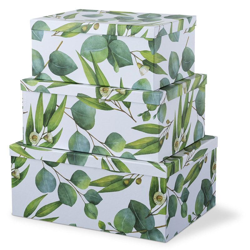 Decorative Cardboard Boxes With Lids For Home Décor - Sprigs Of Green - Set Of 3: Large Nesting Gift Boxes, Pretty Paperboard Storage Boxes For Organizing, Memory Boxes For Keepsakes