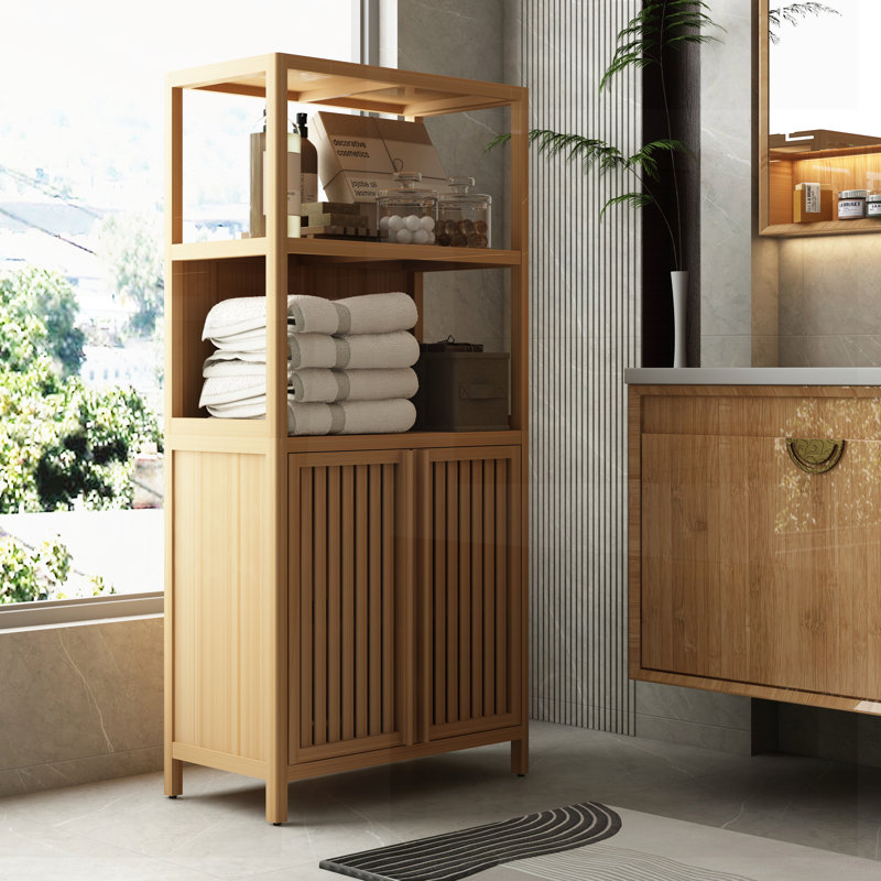 Bamboo Storage Cashion with 2 Doors, Floor Organizer for Bathroom, Living Room, and Kitchen, Neutral