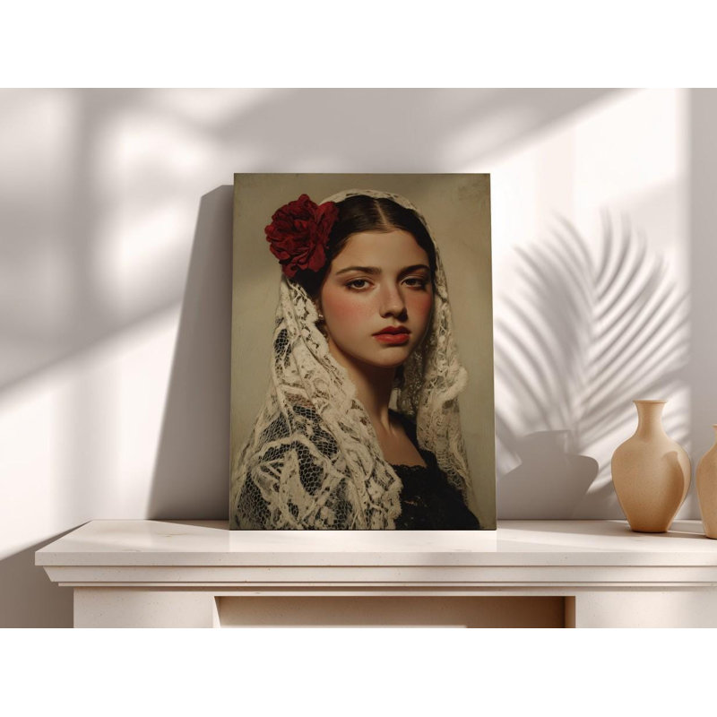 Espagnole avec une toile rose: portrait élégant, H 30 po x l 20 po