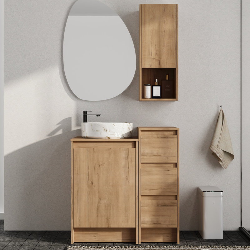 Meuble-lavabo sur pied simple 32 po avec comptoir en céramique et rangement mural pour salle de bain 12 po Vowar, Brun / Gris