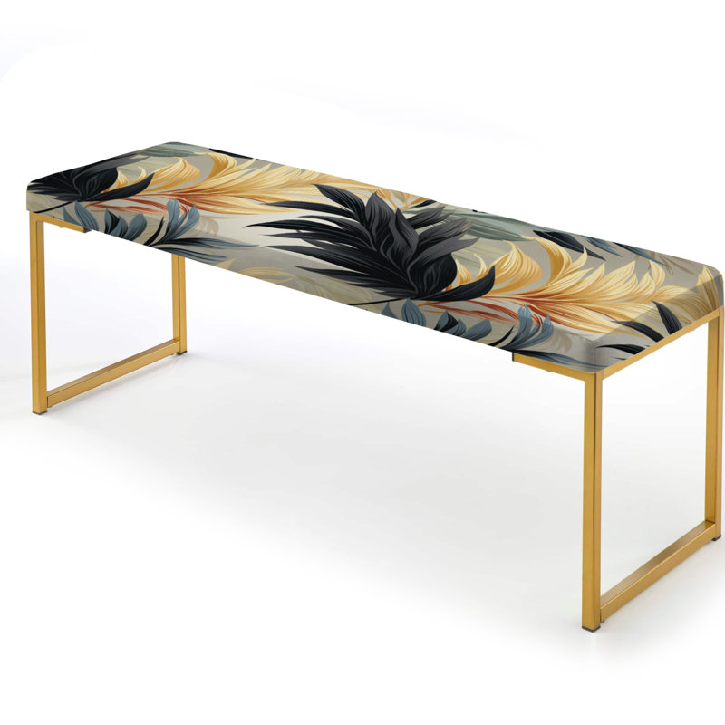 Floral Upholstered Gold Bench, Monochrome Mirage Tropical Pattern III